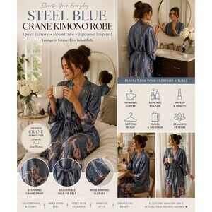 Prodesign Steel Blue Crane Kimono Robe Satin Duster Quiet Luxury Boho